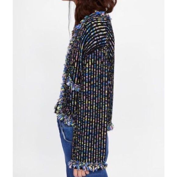 Zara TWEED KNIT JACKET CARDIGAN MULTI‎ COLOR medium - Picture 2 of 9